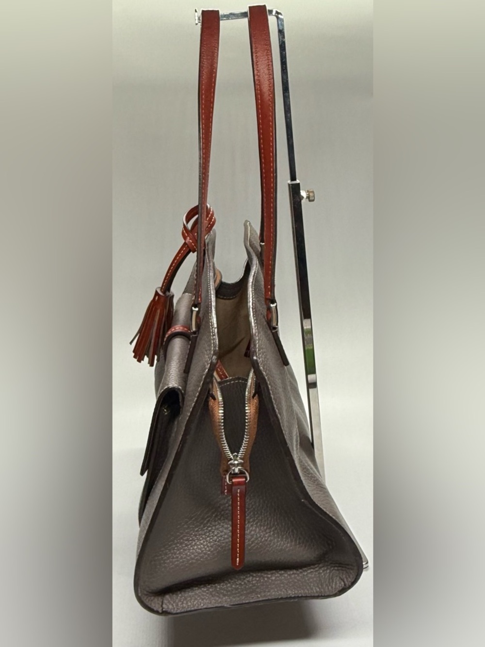 Dooney & Bourke Pebbled Leather Tote Gray Brown Tassel Shoulder Bag Large - Picture 6 of 13